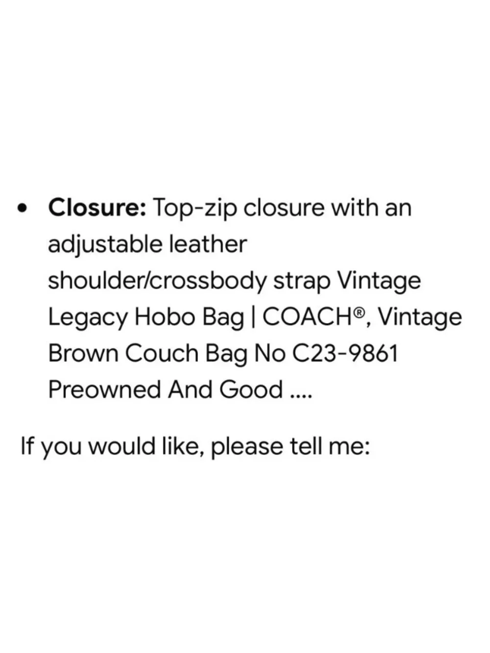Coach VTG Legacy Shoulder Bag Brown Leather C23-9861 Adj. Strap Top-Zip Close